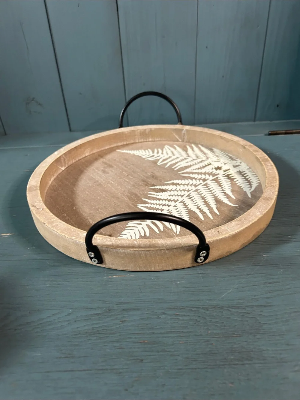 Hand Crafted Natural Wood Tray with White Fern and Black Handles | 11” Round
